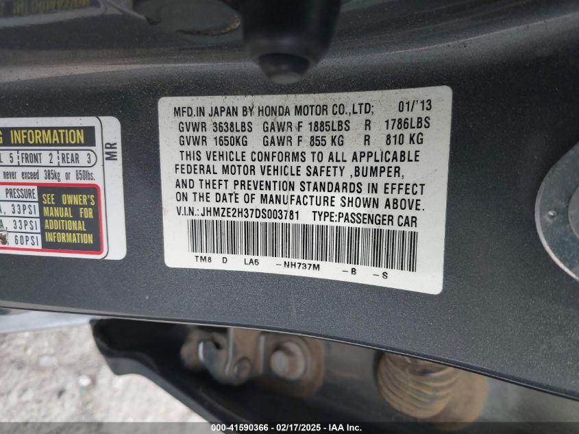 2013 Honda Insight VIN: JHMZE2H37DS003781 Lot: 41590366