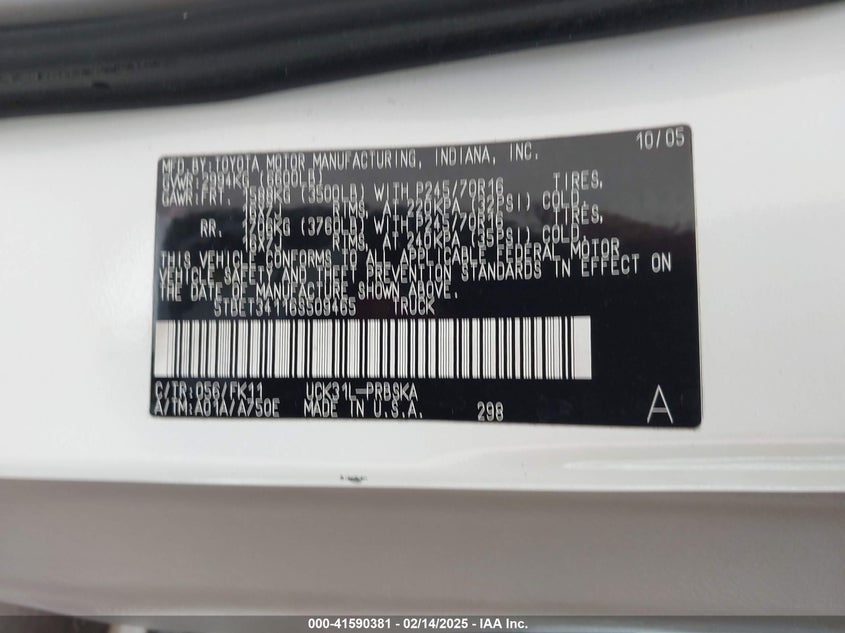 2006 TOYOTA TUNDRA VIN: 5TBET34116S509465