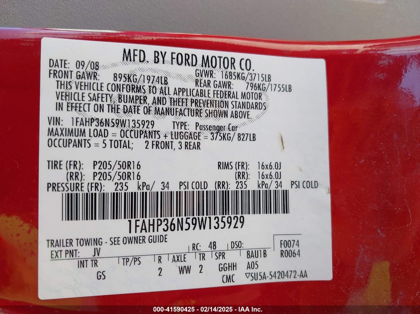 2009 FORD FOCUS VIN: 1FAHP36N59W135929