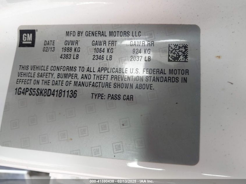 2013 Buick Verano Leather Group VIN: 1G4PS5SK8D4181136 Lot: 41590438