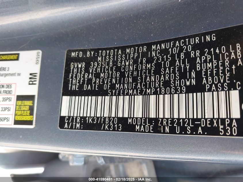 2021 Toyota Corolla Le VIN: 5YFEPMAE7MP180639 Lot: 41590481