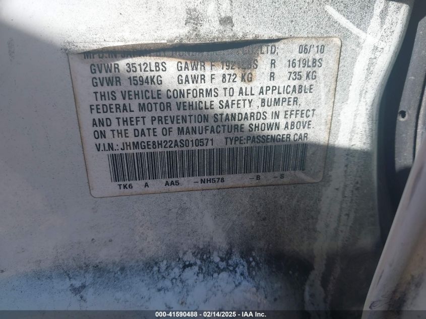 2010 Honda Fit VIN: JHMGE8H22AS010571 Lot: 41590488