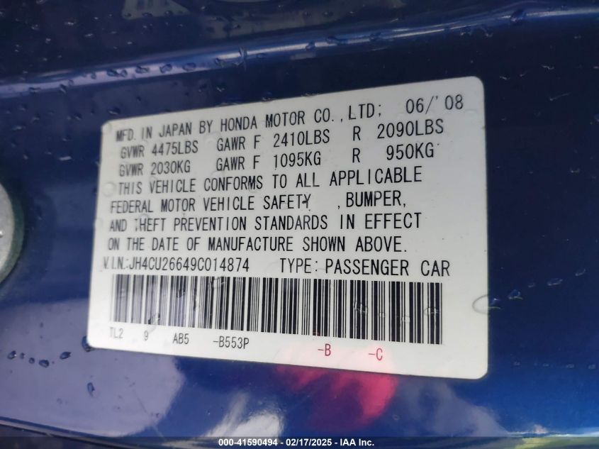 2009 Acura Tsx VIN: JH4CU26649C014874 Lot: 41590494