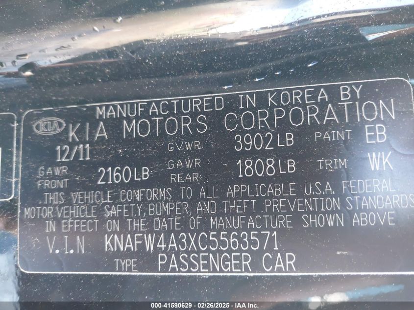 2012 Kia Forte Sx VIN: KNAFW4A3XC5563571 Lot: 41590629