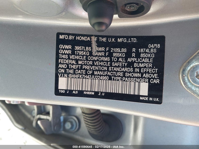 2018 HONDA CIVIC VIN: SHHFK7H42JU224960