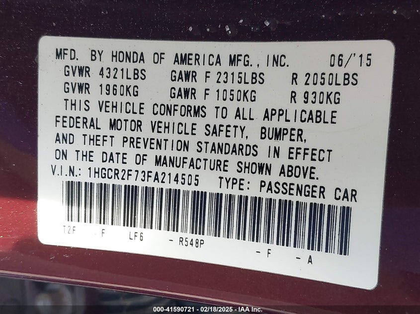 2015 HONDA ACCORD VIN: 1HGCR2F73FA214505