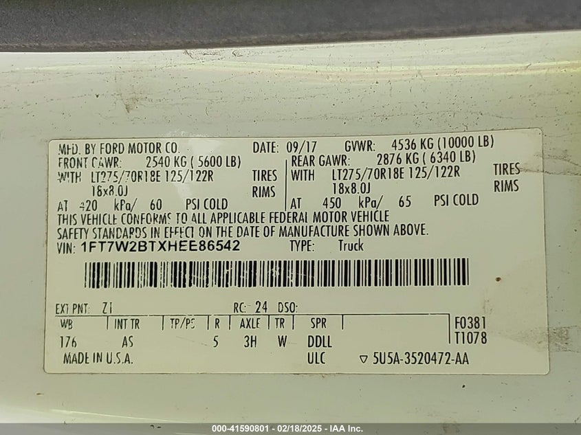 2017 FORD F250 VIN: 1FT7W2BTXHEE86542