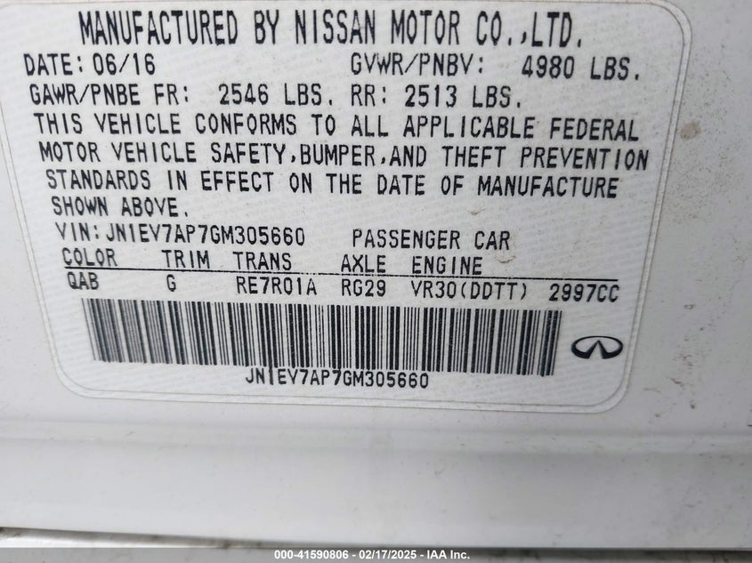 2016 INFINITI Q50 VIN: JN1EV7AP7GM305660