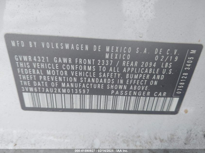 2019 Volkswagen Golf Gti 2.0T Autobahn/2.0T Rabbit Edition/2.0T S/2.0T Se VIN: 3VW6T7AU2KM013597 Lot: 41590927