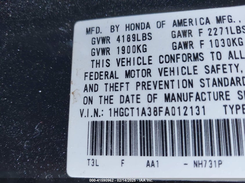 2015 HONDA ACCORD VIN: 1HGCT1A38FA012131