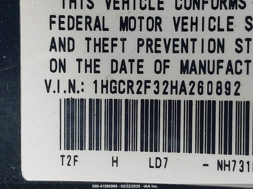 2017 Honda Accord Lx VIN: 1HGCR2F32HA26089 Lot: 41590969