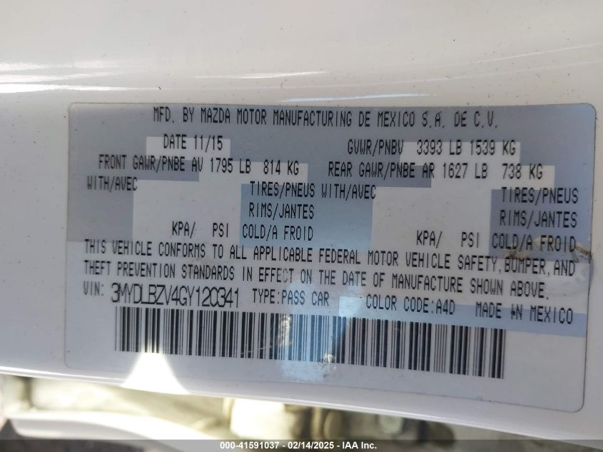 2016 Scion Ia VIN: 3MYDLBZV4GY120341 Lot: 41591037