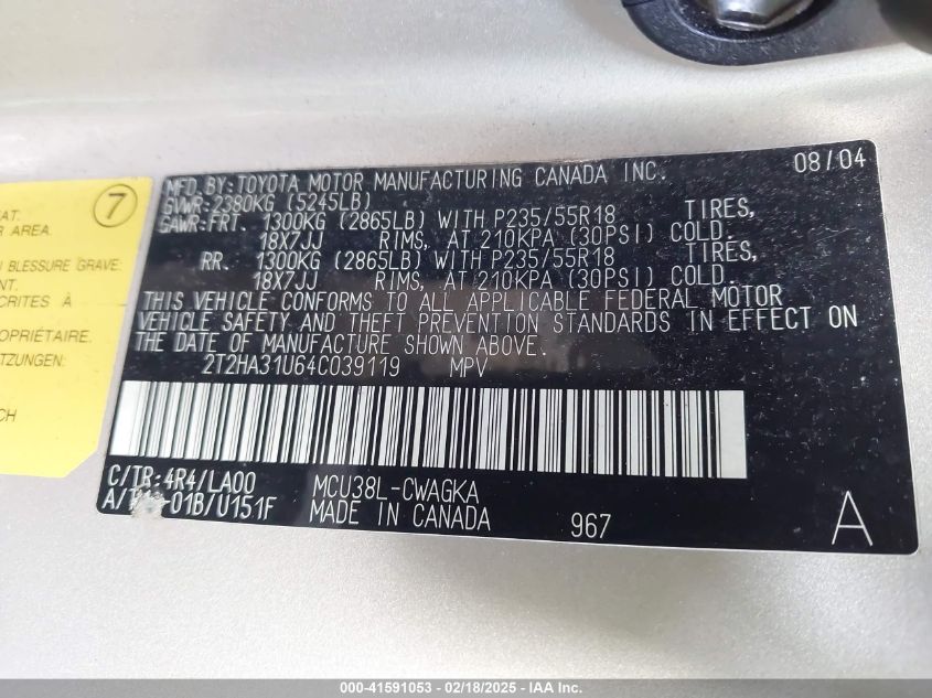 2004 Lexus Rx 330 VIN: 2T2HA31U64C039119 Lot: 41591053