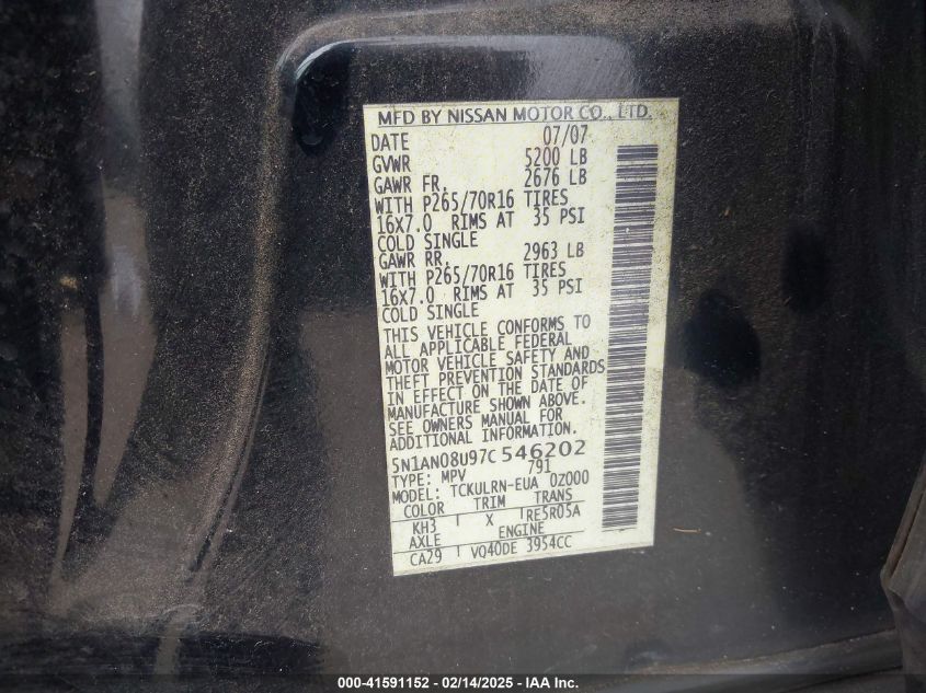 2007 Nissan Xterra S VIN: 5N1AN08U97C546202 Lot: 41591152