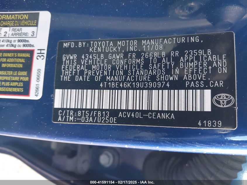 2009 TOYOTA CAMRY VIN: 4T1BE46K19U390974