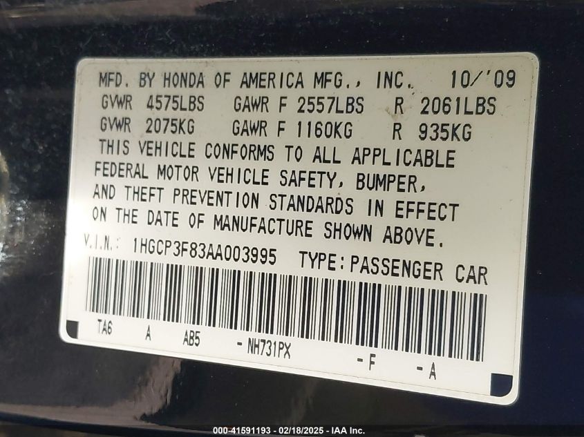 2010 Honda Accord 3.5 Ex-L VIN: 1HGCP3F83AA003995 Lot: 41591193