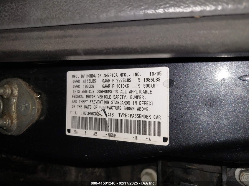2006 HONDA ACCORD VIN: 1HGCM563X6A034418