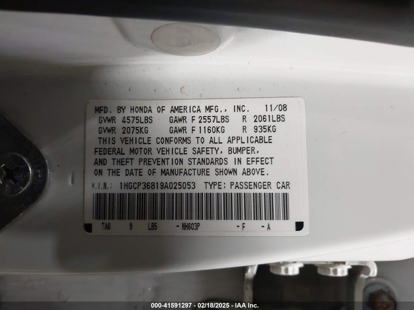 2009 HONDA ACCORD VIN: 1HGCP36819A025053