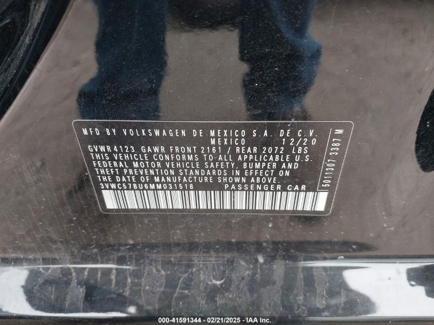 2021 Volkswagen Jetta 1.4T R-Line/1.4T S/1.4T Se VIN: 3VWC57BU6MM031518 Lot: 41591344