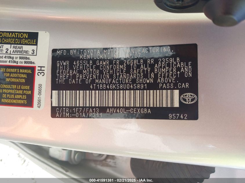 2008 Toyota Camry Hybrid VIN: 4T1BB46K58U045891 Lot: 41591381