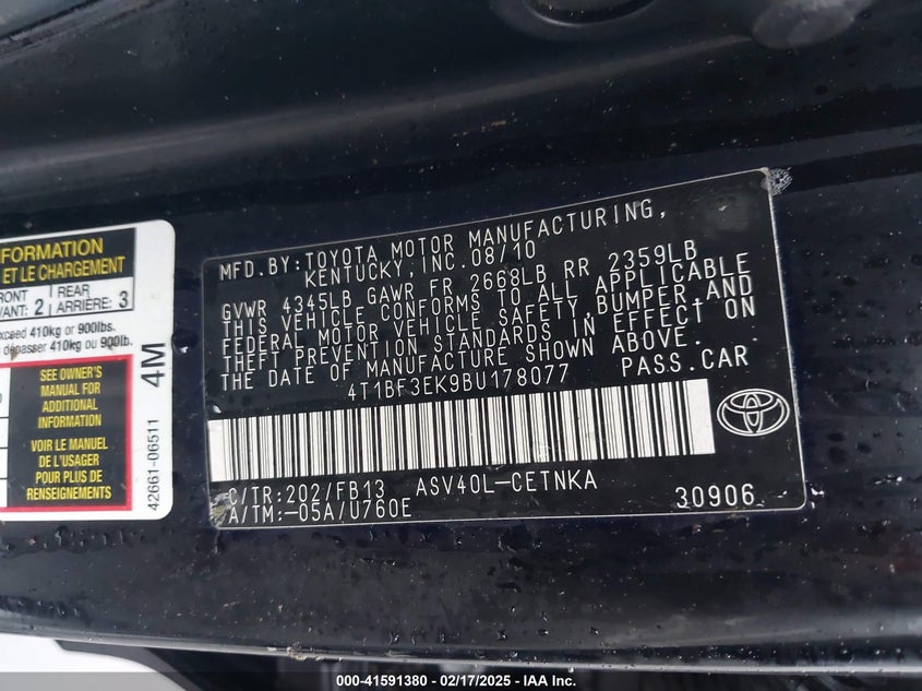2011 TOYOTA CAMRY VIN: 4T1BF3EK9BU178077