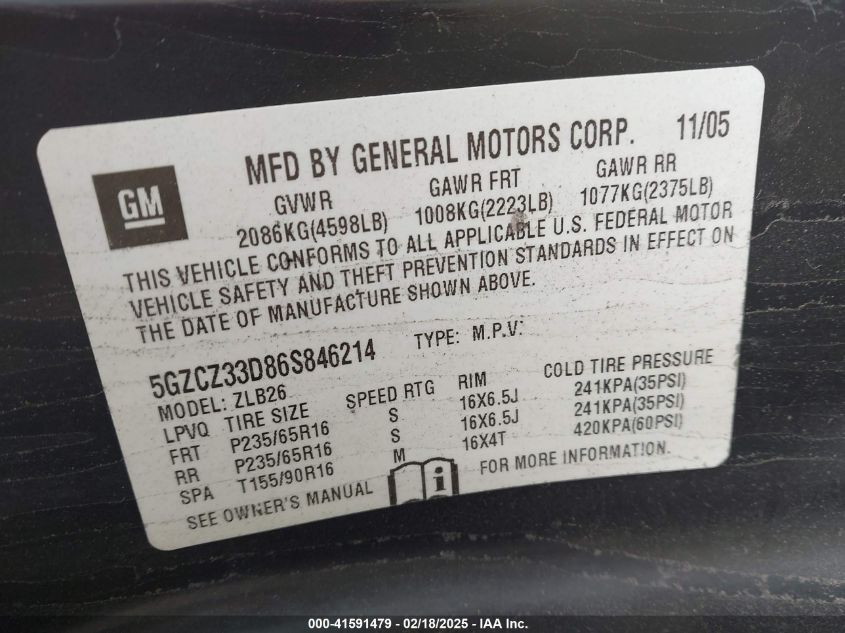 2006 Saturn Vue 4 Cyl VIN: 5GZCZ33D86S846214 Lot: 41591479