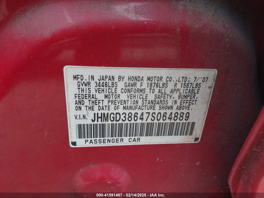 2007 HONDA FIT VIN: JHMGD38647S064889