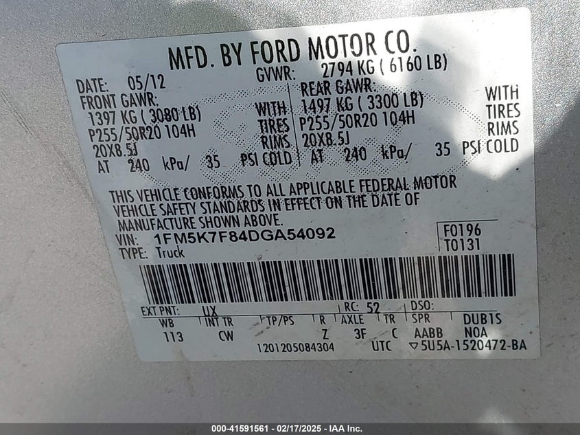 2013 FORD EXPLORER LIMITED - 1FM5K7F84DGA54092