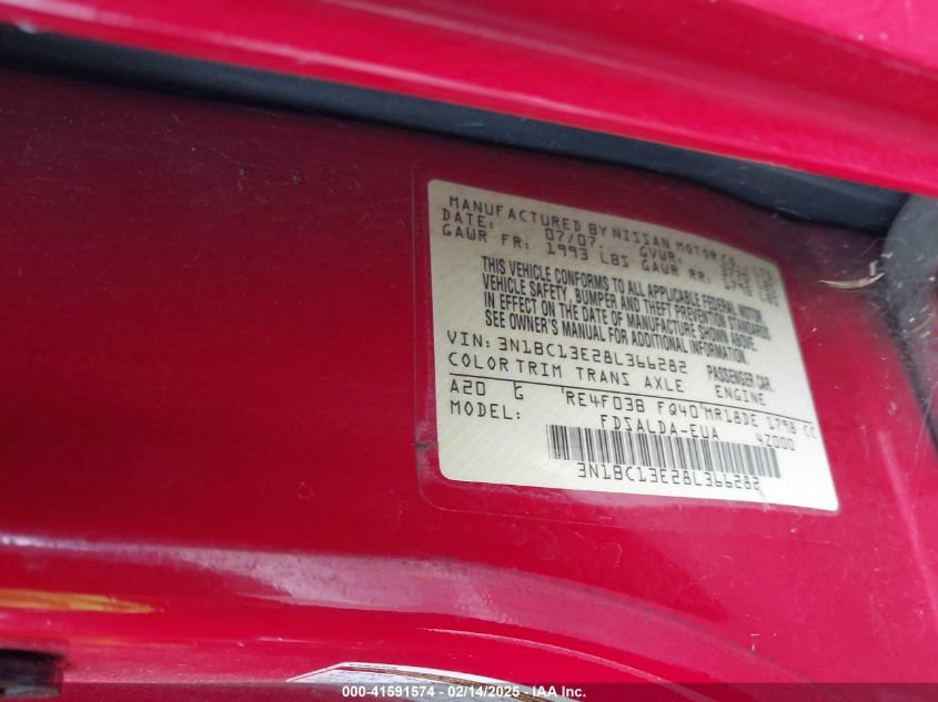 2008 Nissan Versa 1.8S VIN: 3N1BC13E28L366282 Lot: 41591574