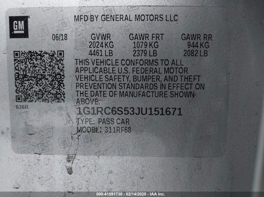 2018 CHEVROLET VOLT VIN: 1G1RC6S53JU151671