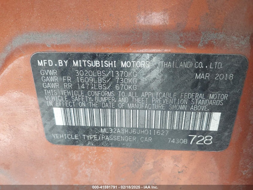 2018 MITSUBISHI MIRAGE VIN: ML32A3HJ6JH011627