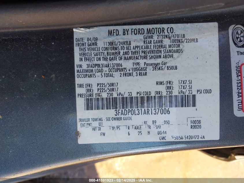2010 Ford Fusion Hybrid VIN: 3FADP0L31AR137006 Lot: 41591923