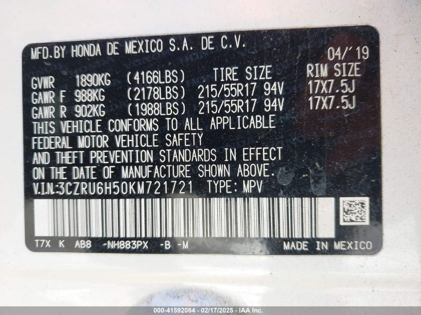 2019 Honda Hr-V Ex VIN: 3CZRU6H50KM721721 Lot: 41592084