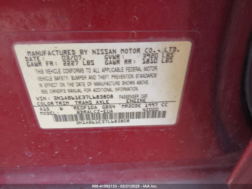 2007 NISSAN SENTRA VIN: 3N1AB61E37L683808
