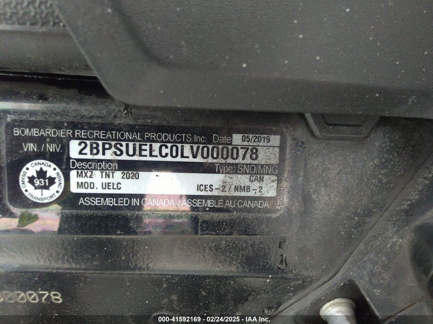 2020 SKID MXZ600 VIN: 2BPSUELC0LV000078