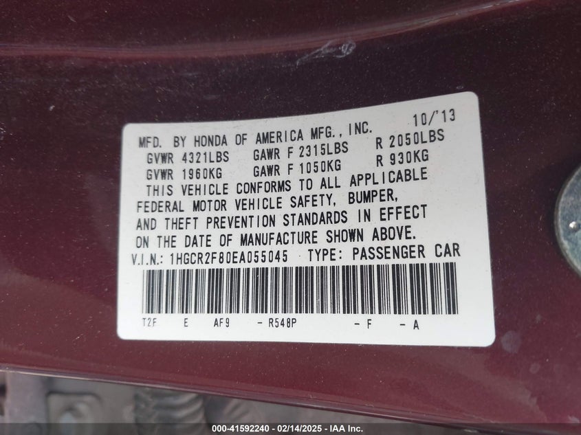 2014 HONDA ACCORD VIN: 1HGCR2F80EA055045