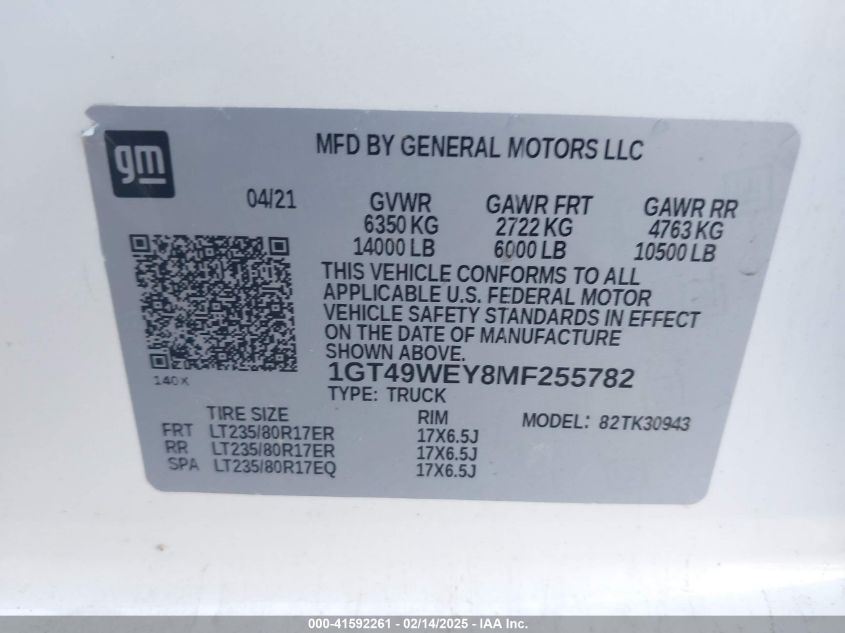 2021 GMC Sierra 3500Hd 4Wd Long Bed Denali VIN: 1GT49WEY8MF255782 Lot: 41592261