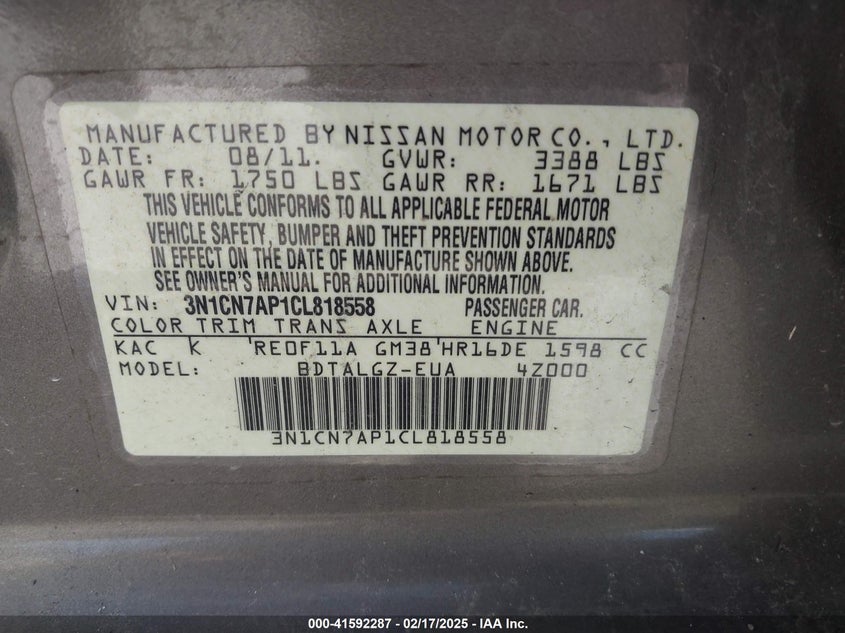 2012 NISSAN VERSA VIN: 3N1CN7AP1CL818558