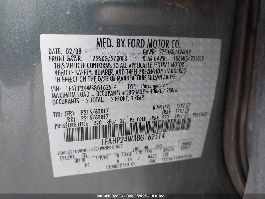2008 FORD TAURUS VIN: 1FAHP24W38G162514