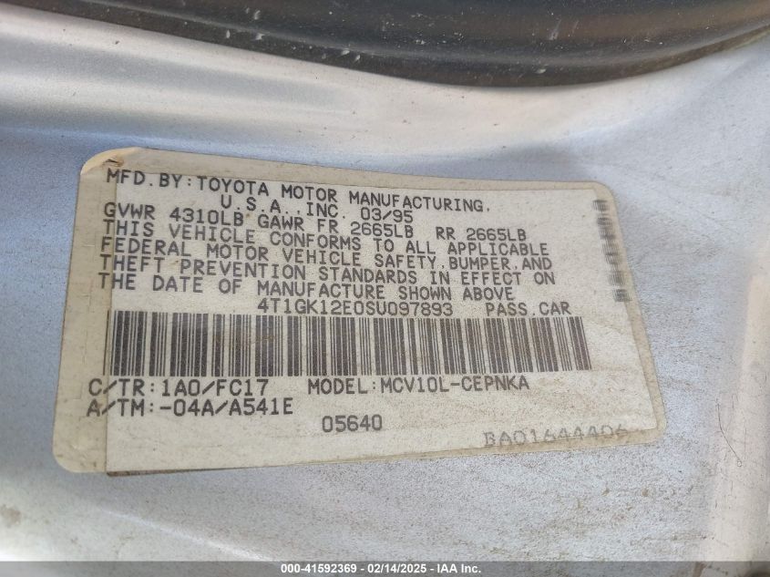 1995 Toyota Camry Le VIN: 4T1GK12E0SU097893 Lot: 41592369