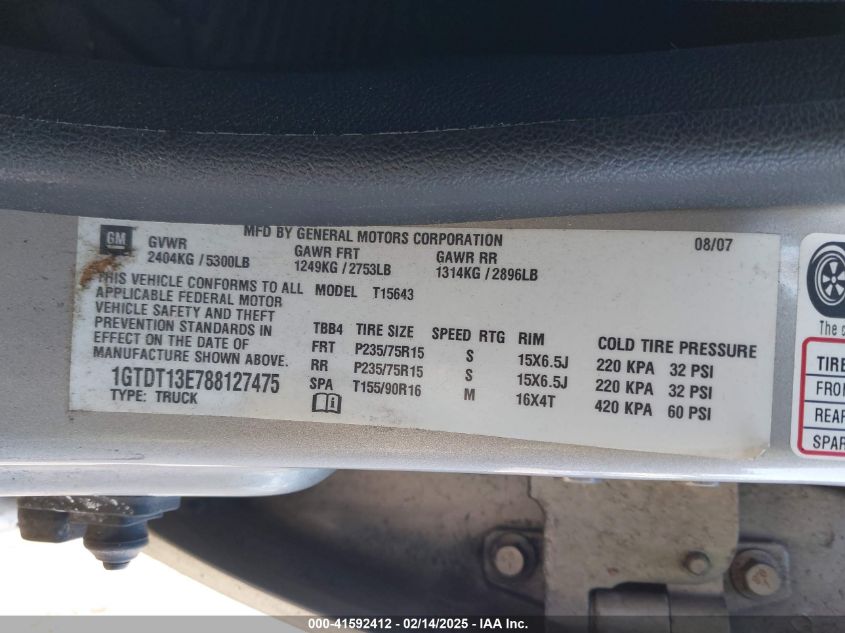 2008 GMC Canyon Sle2 VIN: 1GTDT13E788127475 Lot: 41592412