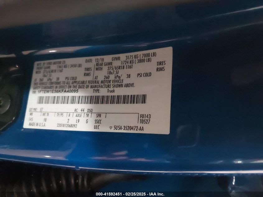 2019 Ford F-150 Xlt VIN: 1FTEW1E56KFA40095 Lot: 41592451