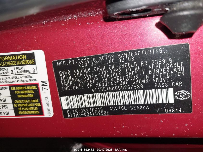 2009 Toyota Camry Se VIN: 4T1BE46K69U267588 Lot: 41592482