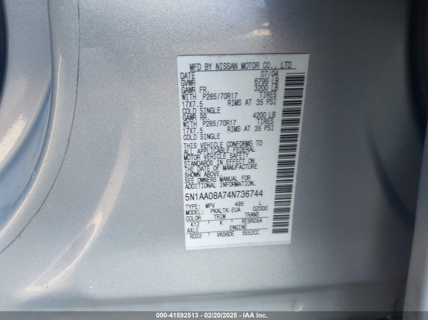 2004 Nissan Pathfinder Armada Se Off-Road VIN: 5N1AA08A74N736744 Lot: 41592513