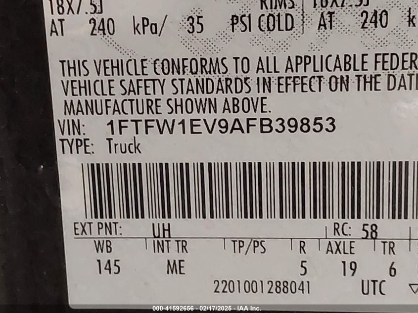 2010 Ford F-150 Fx4/Harley-Davidson/King Ranch/Lariat/Platinum/Xl/Xlt VIN: 1FTFW1EV9AFB39853 Lot: 41592656