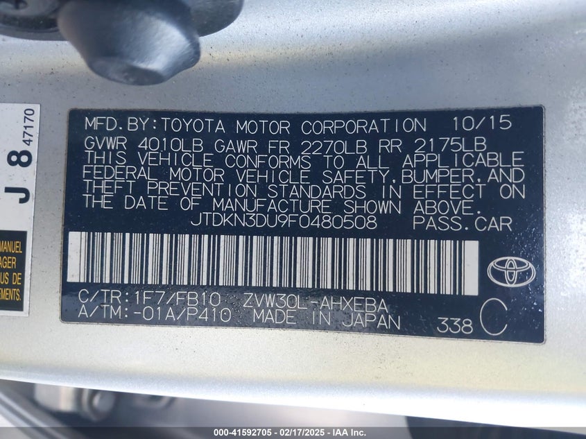 2015 TOYOTA PRIUS VIN: JTDKN3DU9F0480508