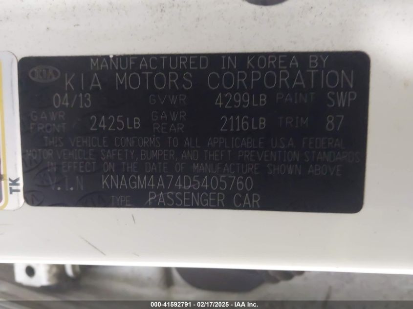 2013 Kia Optima Lx VIN: KNAGM4A74D5405760 Lot: 41592791