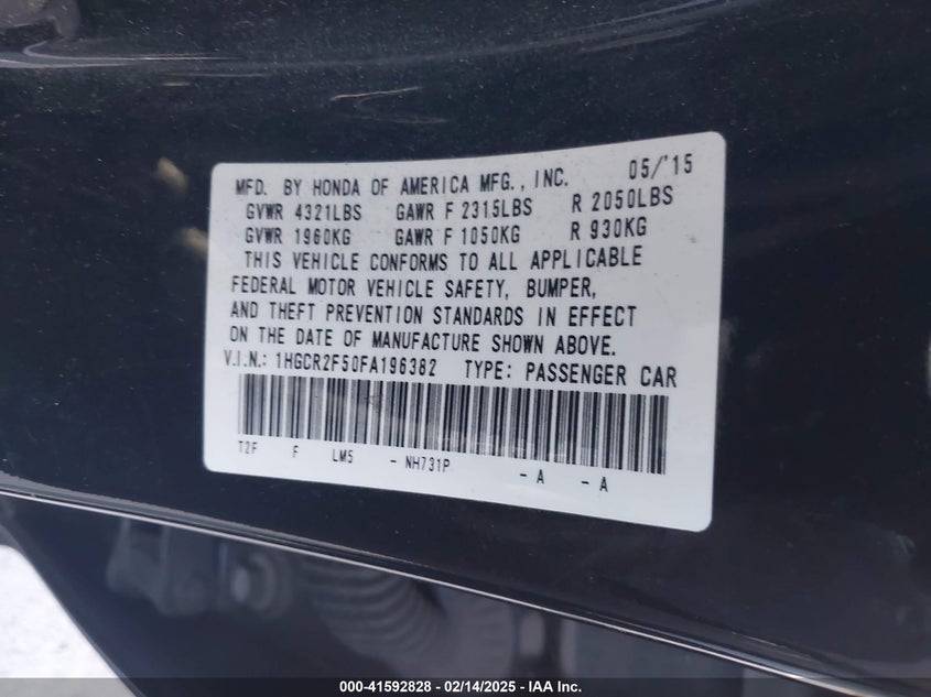 2015 HONDA ACCORD VIN: 1HGCR2F50FA196382