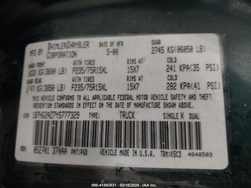 2000 Dodge Dakota Slt/Sport VIN: 1B7HG2AZ7YS777329 Lot: 41592831