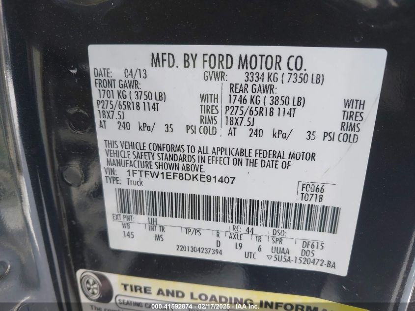 2013 Ford F-150 Xlt VIN: 1FTFW1EF8DKE91407 Lot: 41592874